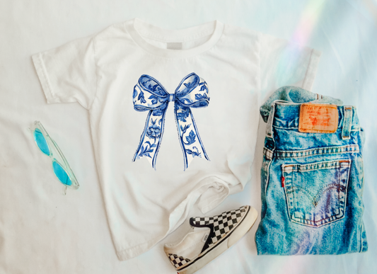 YOUTH Coquette Blue Floral Bow Graphic Tee Kids T-Shirt