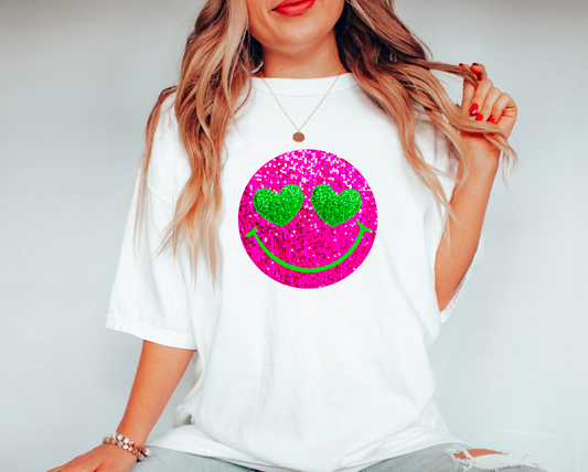 Faux Sequins Heart Smiley Face Gildan Tee