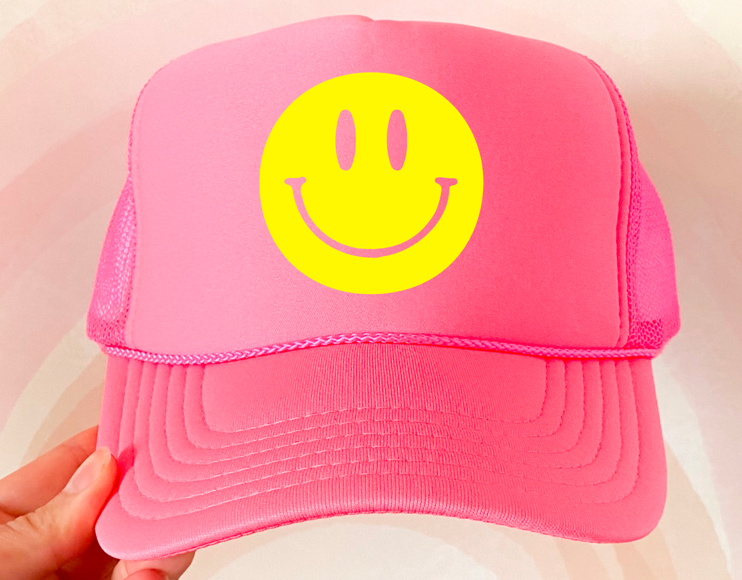Smiley Face Neon Pink Trucker Hat