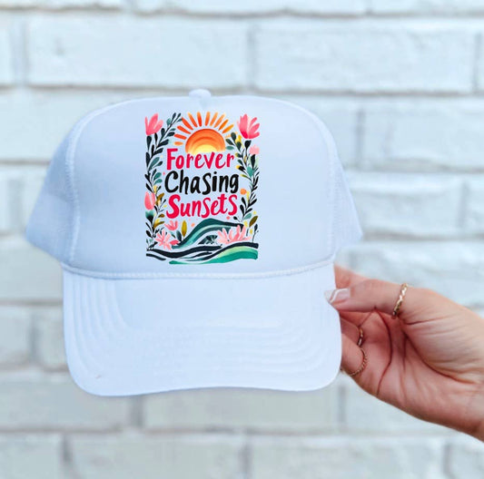 Retro Floral Forever Chasing Sunsets Trucker Hat Summer 