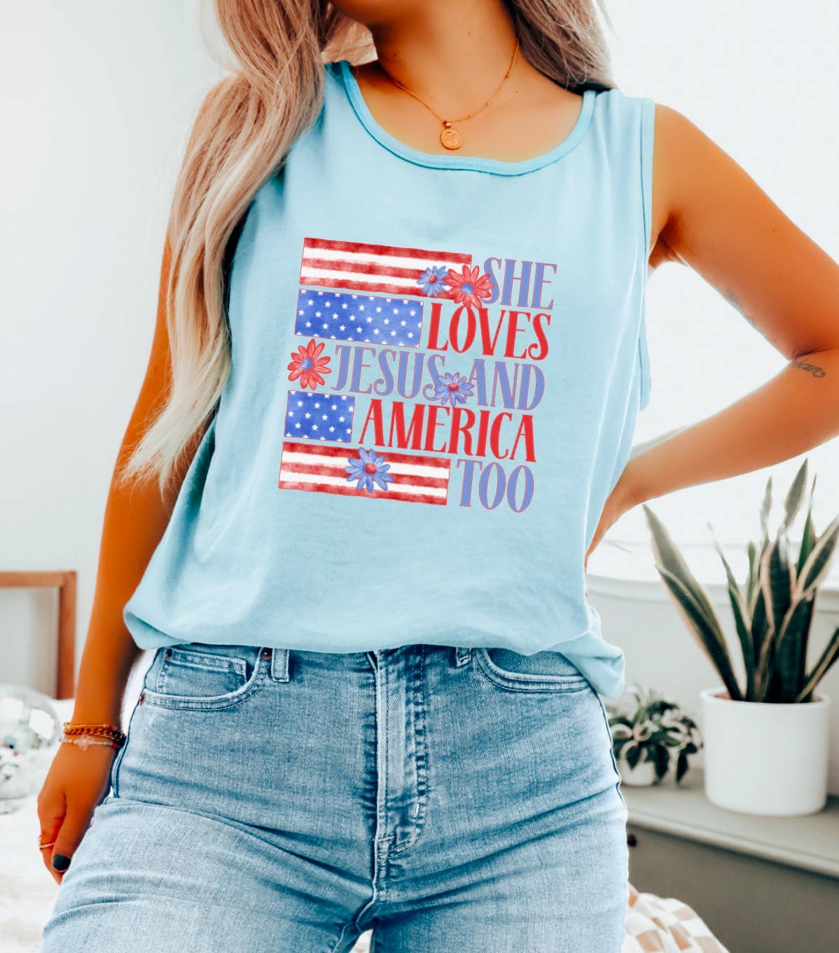 She Loves Jesus And America Too Tank Floral USA    