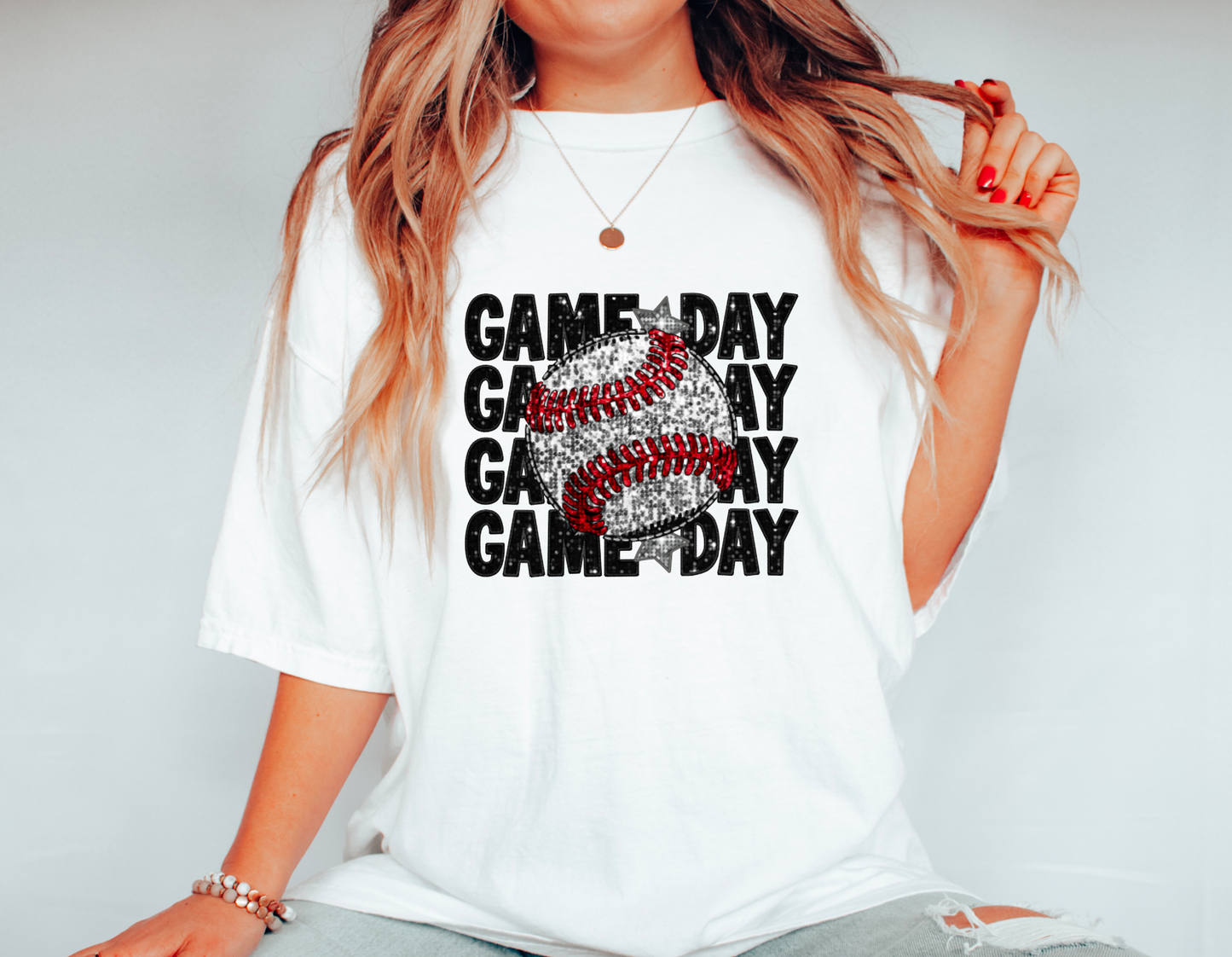 Faux Sequins Stacked Baseball Graphic Tee