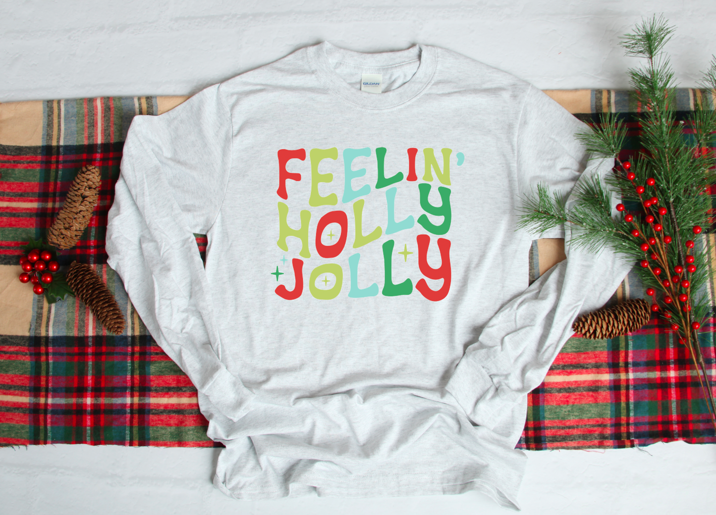 Retro Feelin Holly Jolly Gildan Ash Gray Long Sleeve Tee