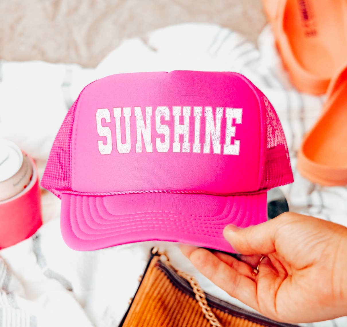 Distressed Varsity Sunshine Trucker Hat Beach 