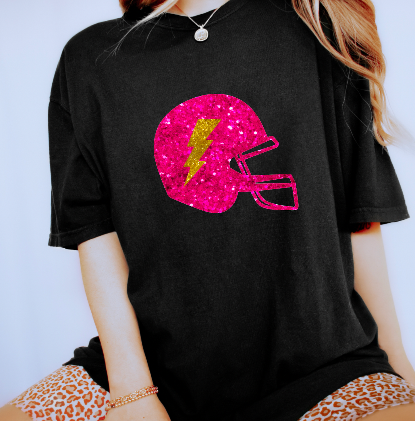 Faux Sequins Pink Helmet Graphic Tee T-Shirt