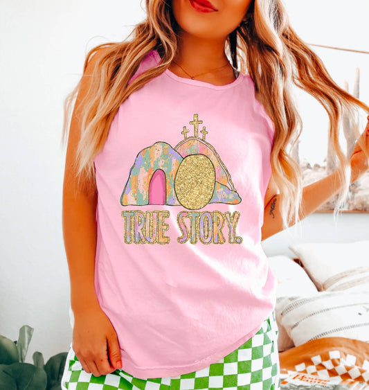 Faux Glitter True Story Tank Easter Faith    