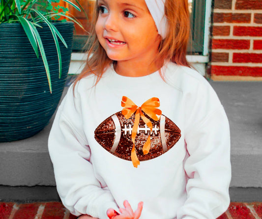 YOUTH Glitter Football Coquette Orange Bow Sweatshirt Kids