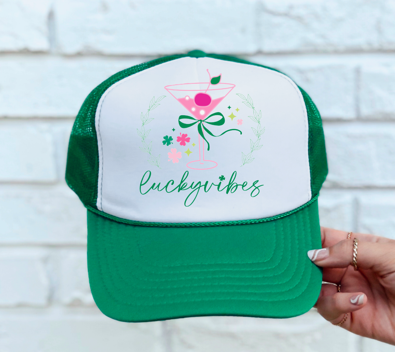 Lucky Vibes Coquette Cocktail Trucker Hat St Patrick’s Day