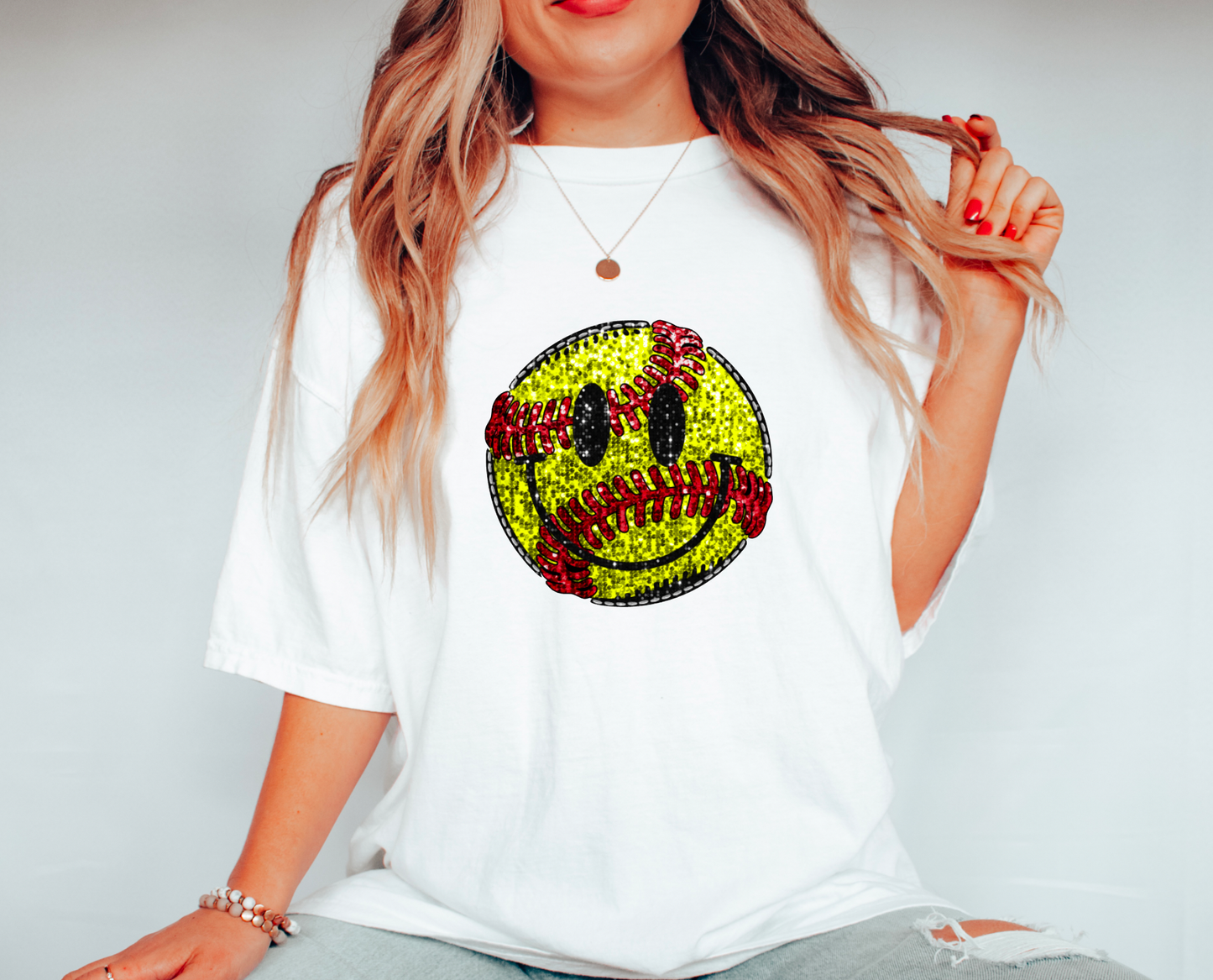 Faux Sequins Smiley Face Softball Graphic Tee