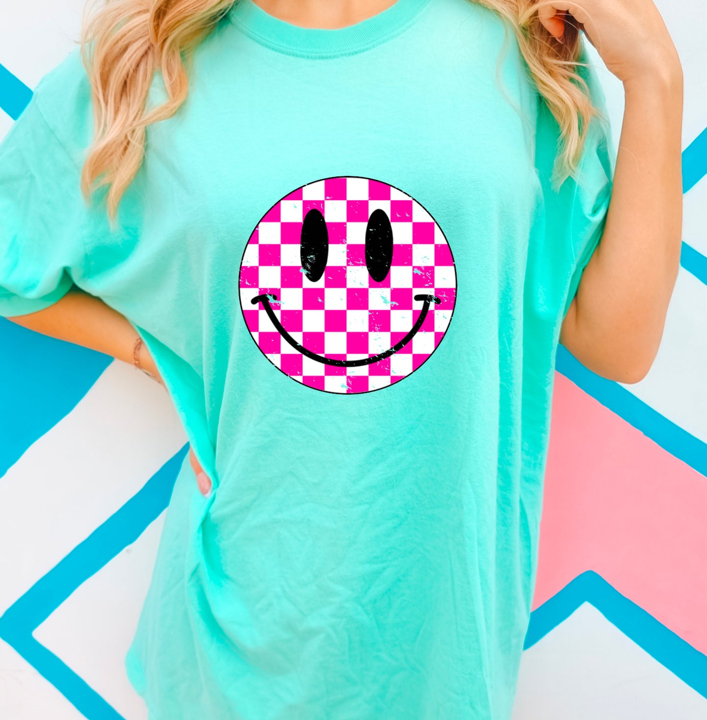 Pink Checkered Smiley Face Comfort Colors Tee