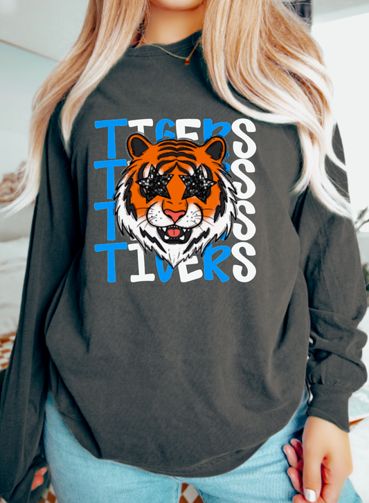 Blue & White Preppy Tiger Stacked Long Sleeve Tee