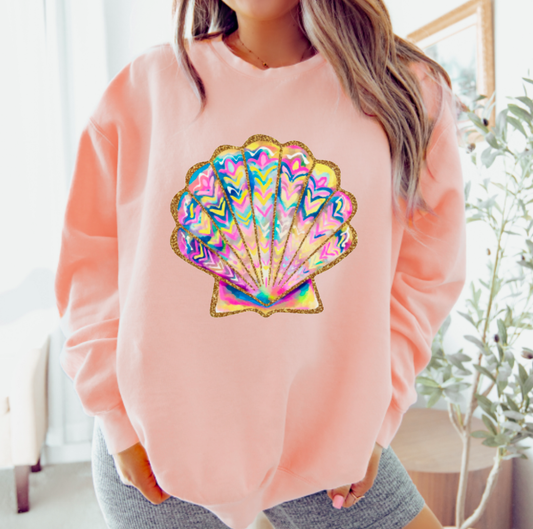 Watercolor Faux Glitter Seashell Sweatshirt Summer Beach 