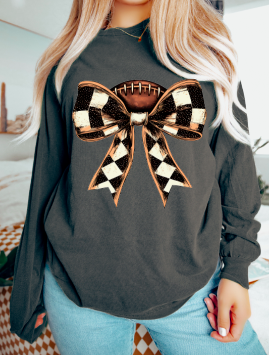 Checkered Football Coquette Bow Long Sleeve Sports Fall  