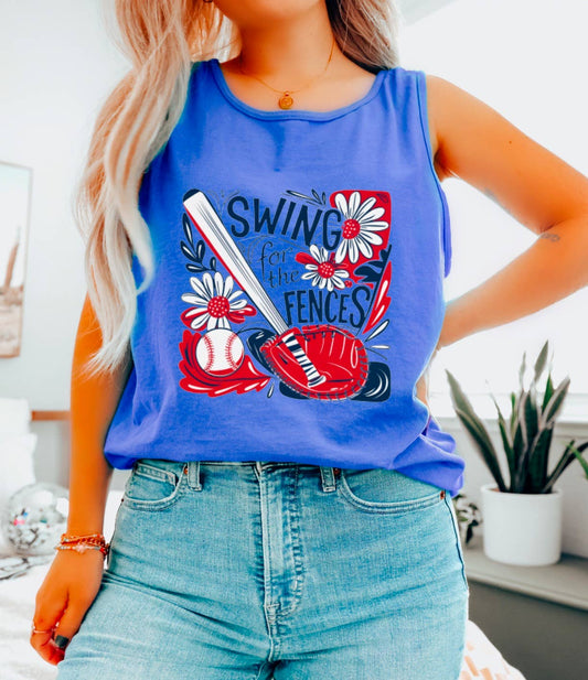 Retro Floral Swing For The Fences Tank Baseball    