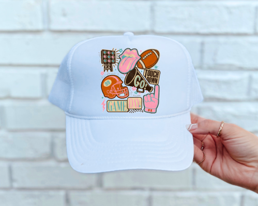 Preppy Blue & Pink Football Game Day Trucker Hat Sports Fall