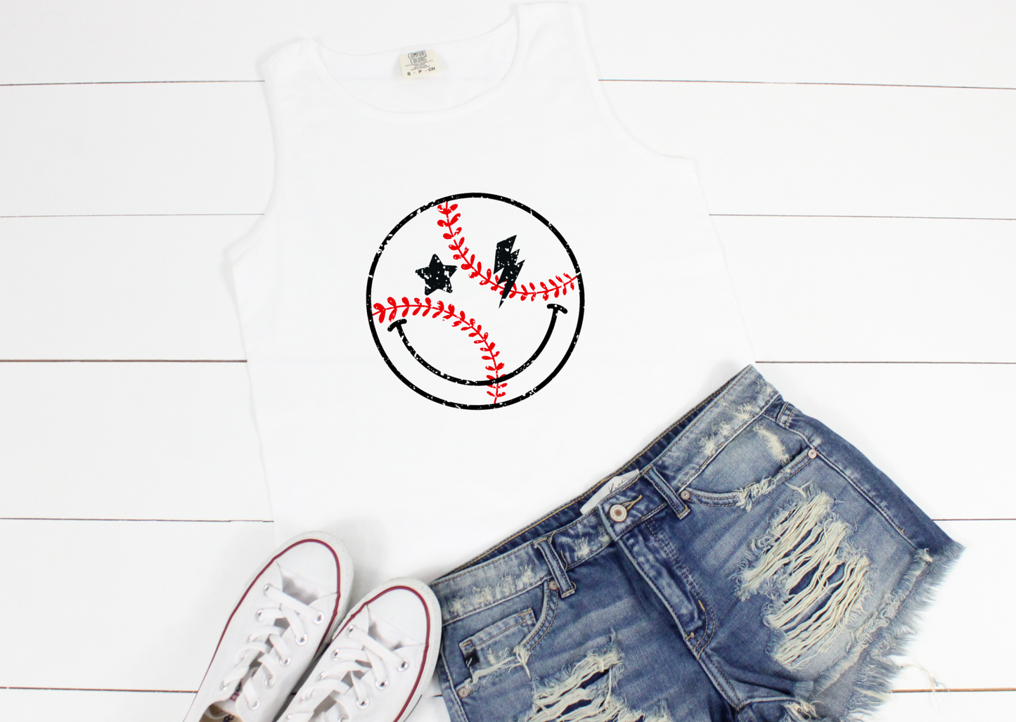 Baseball Smiley Face Comfort Colors Tank Top