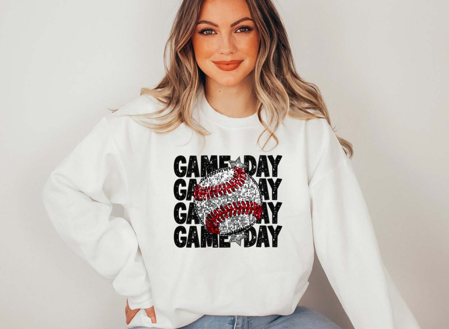 Faux Sequins Baseball Stacked Gildan Sweatshirt