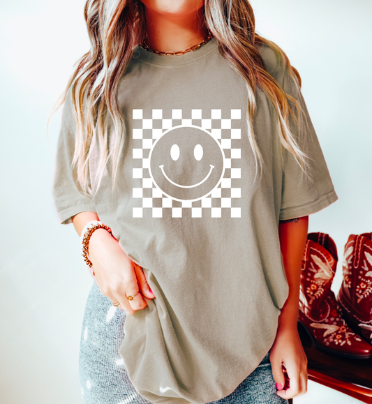 Preppy Smiley Face Checker Comfort Colors Tee