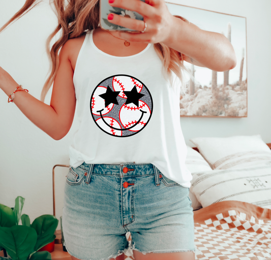 Baseball Sparkly Smiley Face Tank Top