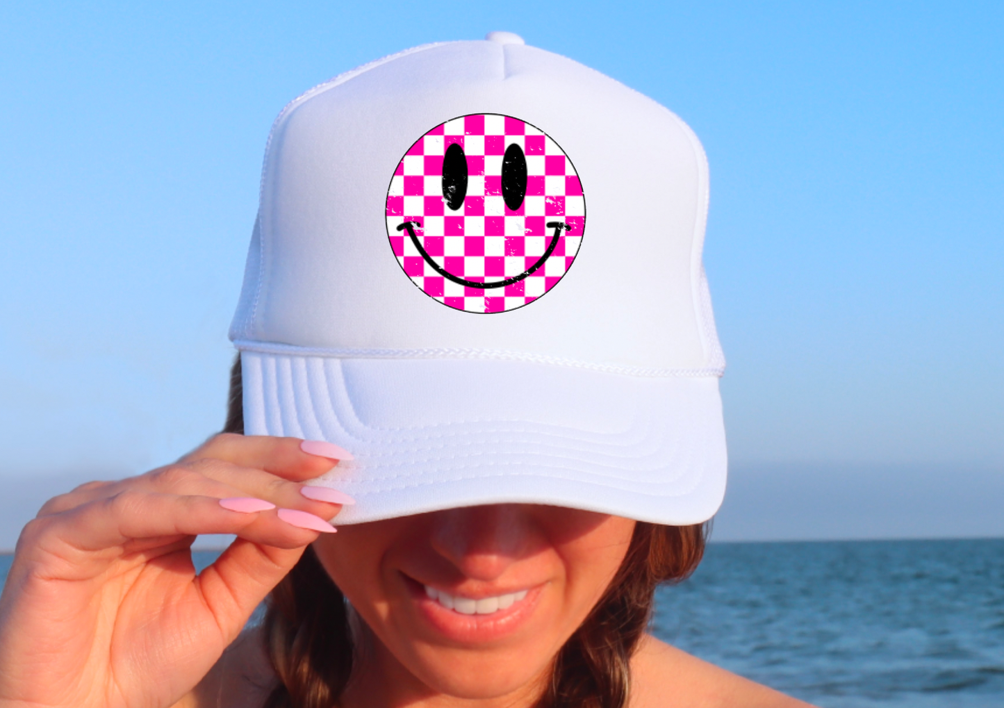 Pink Checkered Smiley Face Baseball Cap