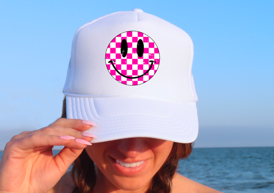 Pink Checkered Smiley Face Baseball Cap