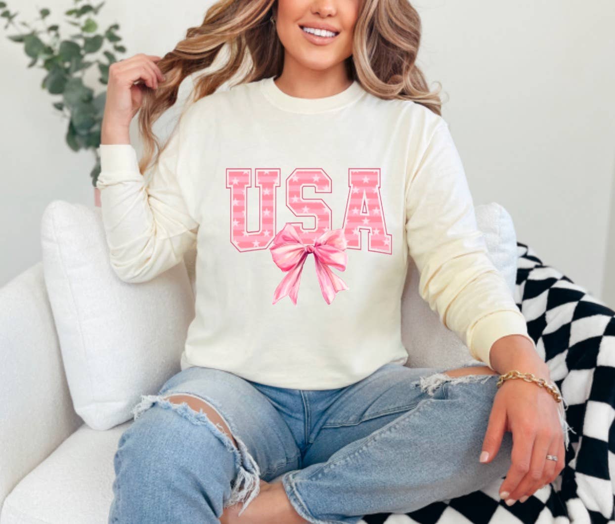 Preppy Pink USA Coquette Bow Long Sleeve 4th Of July      