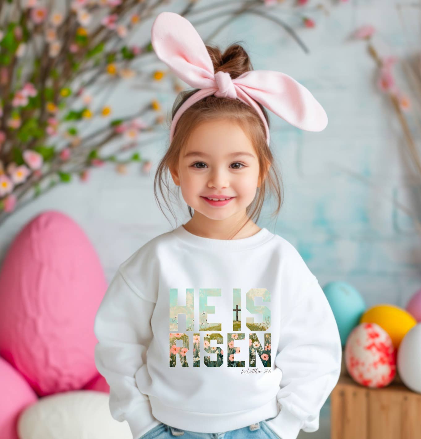 YOUTH He Is Risen Floral Sweatshirt Easter Faith Spring