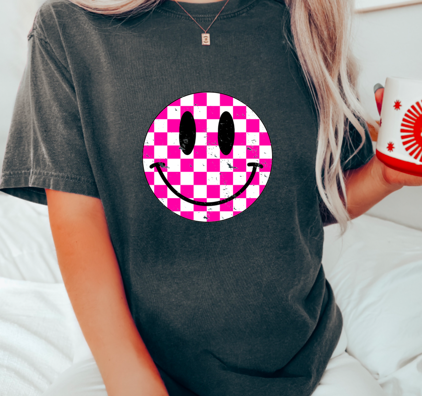 Pink Checkered Smiley Face Comfort Colors Tee