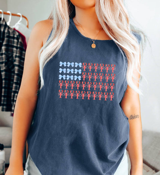 Preppy Coquette Crawfish Flag Tank Patriotic USA   