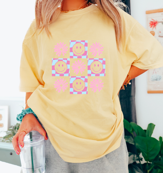 Retro Floral Checkerboard Comfort Colors T-Shirt