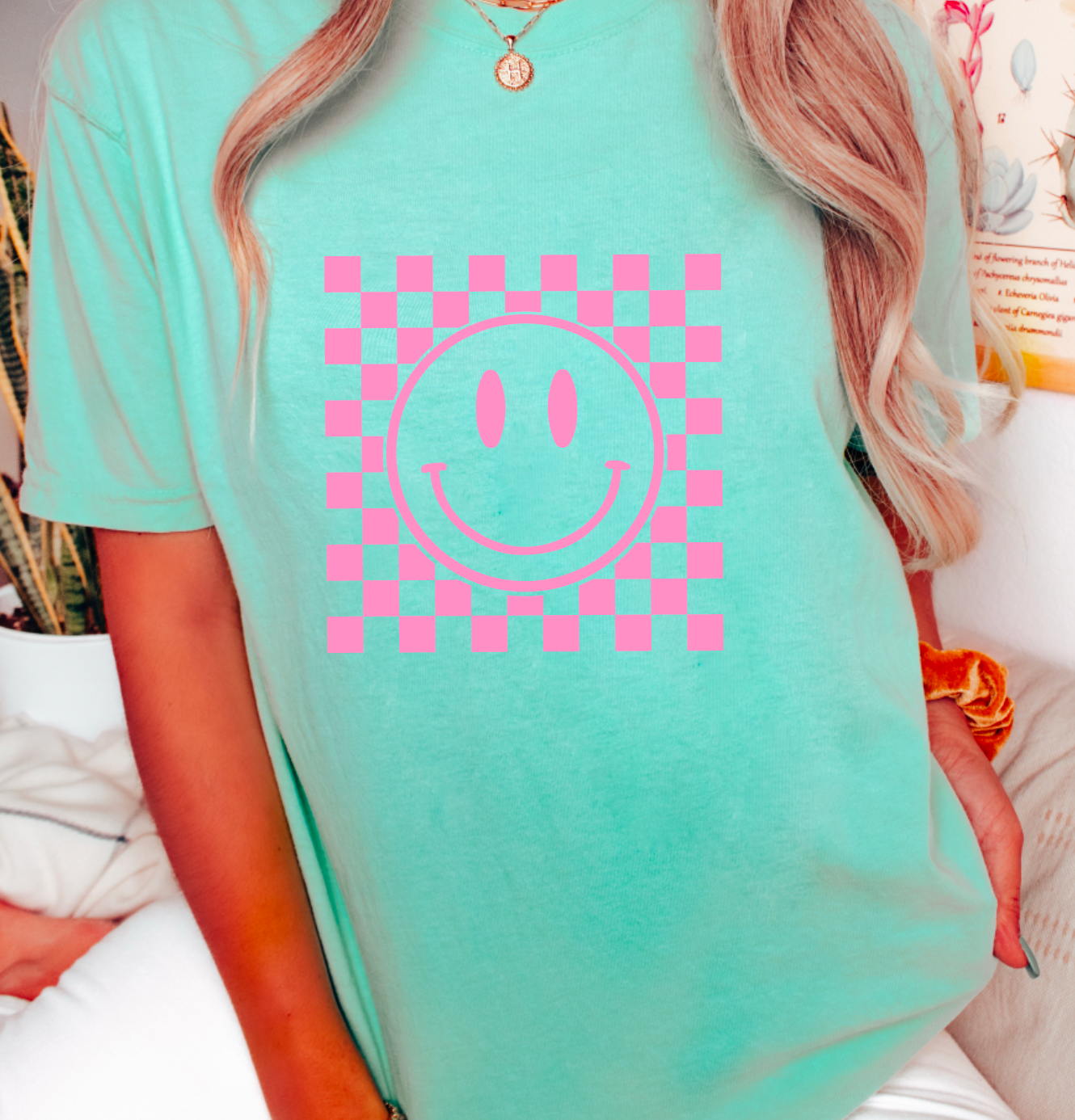 Smiley Face Pink Checkered Comfort Colors Tee
