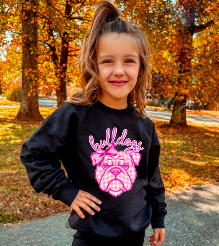 YOUTH Preppy Pink Plaid Coquette Bulldog Long Sleeve Kids