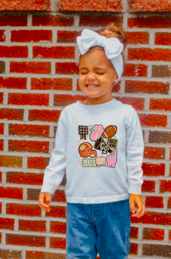 YOUTH Preppy Blue & Pink Football Game Day Long Sleeve Tee