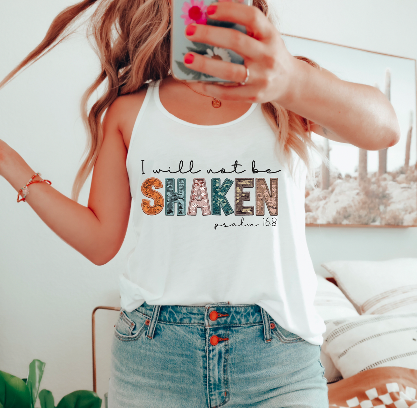 Faux Sequins I Will Not Be Shaken Tank Top