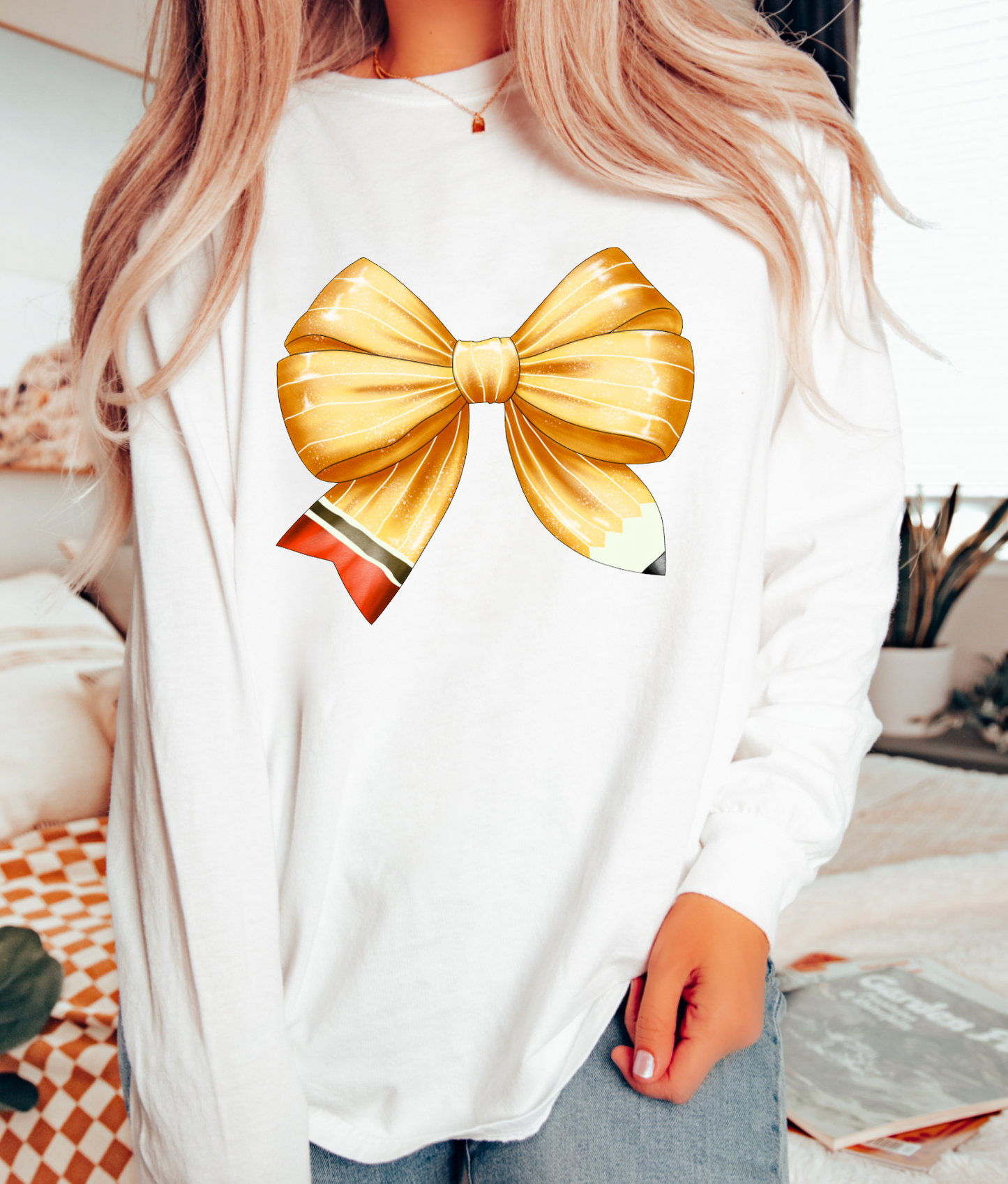 Pencil Bow Coquette Teacher Long Sleeve Tee Back To School