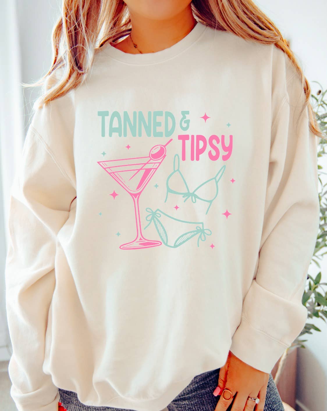 Tanned & Tipsy Graphic Sweatshirt Summer Beach Cocktails    