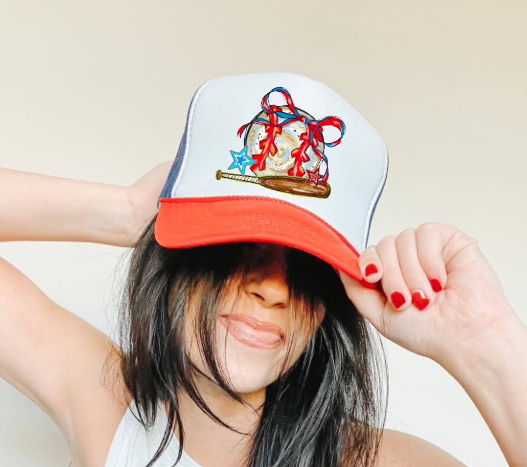Watercolor Baseball Coquette Trucker Hat Summer Sports   