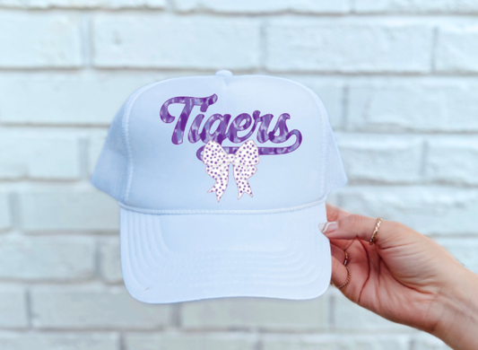 Preppy Watercolor Tigers Coquette Bow Trucker Hat
