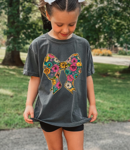 Boho Floral Coquette Bow Graphic Tee YOUTH
