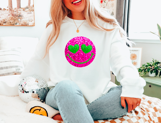 Faux Sequins Heart Smiley Face Gildan Sweatshirt