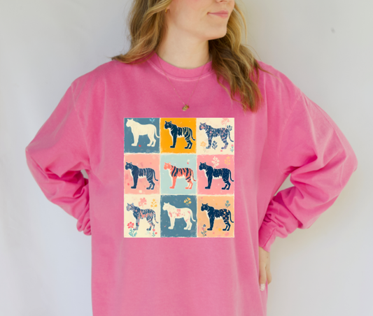 Retro Boho Tigers Floral Checker Long Sleeve Tee  