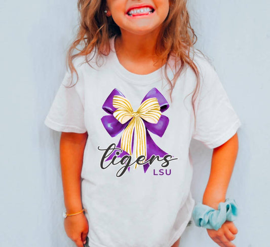 YOUTH Preppy LSU Tigers Coquette Bow Graphic Tee Kids