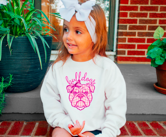 YOUTH Preppy Pink Plaid Coquette Bulldog Sweatshirt Kids 