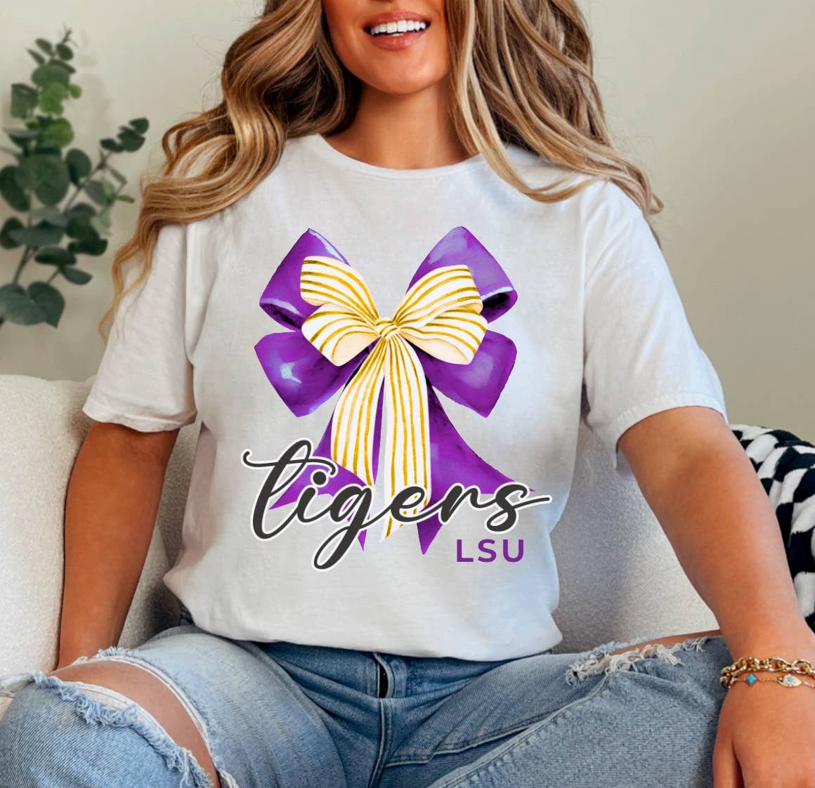 Preppy LSU Tigers Coquette Bow Graphic Tee