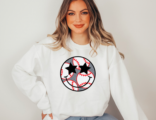 Baseball Sparkly Smiley Face Gildan Sweatshirt