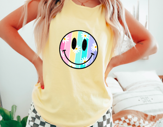 Colorful Daisy Smiley Face Comfort Colors Tank