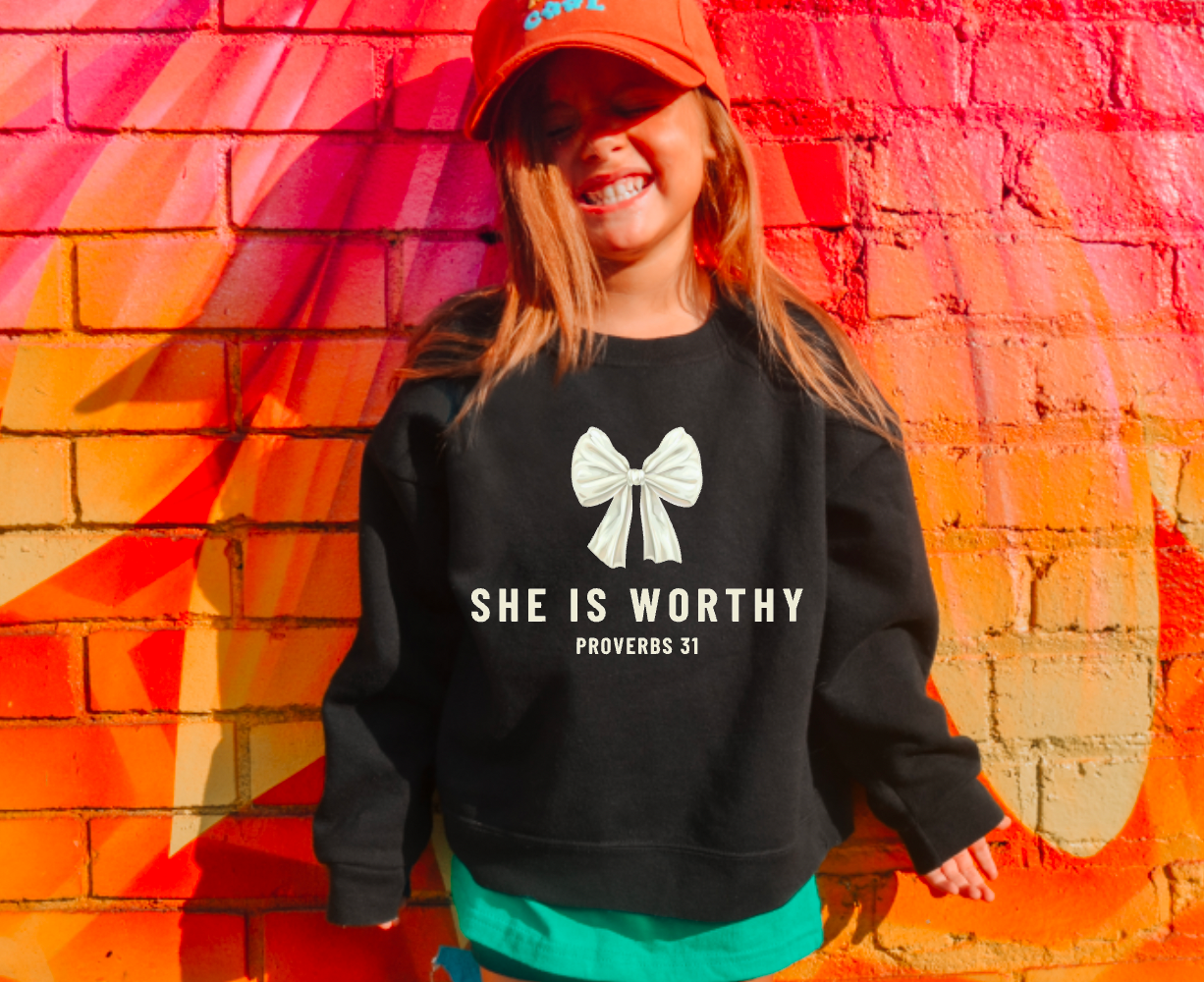 YOUTH She Is Worthy Coquette Bow Sweatshirt Faith Kids