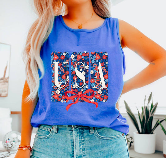 Floral USA Coquette Bow Tank 4th Of July America   