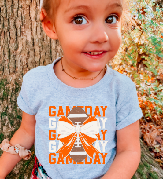 YOUTH Orange & White Gameday Stacked Coquette Tee Kids