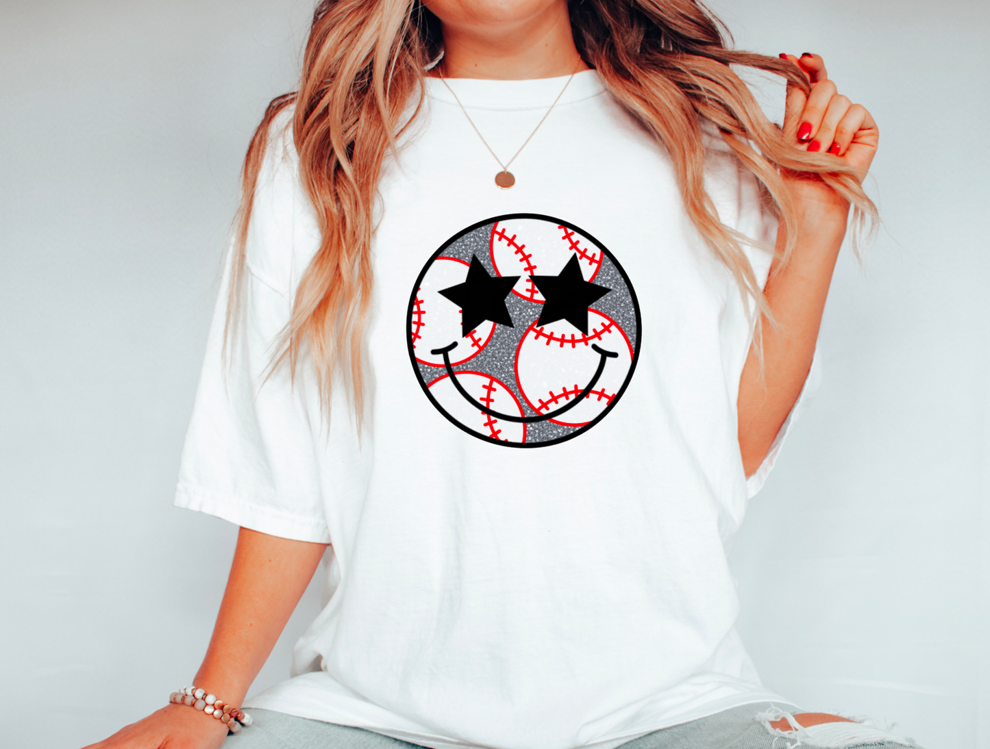 Baseball Sparkly Smiley Face Baseball Graphic Tee